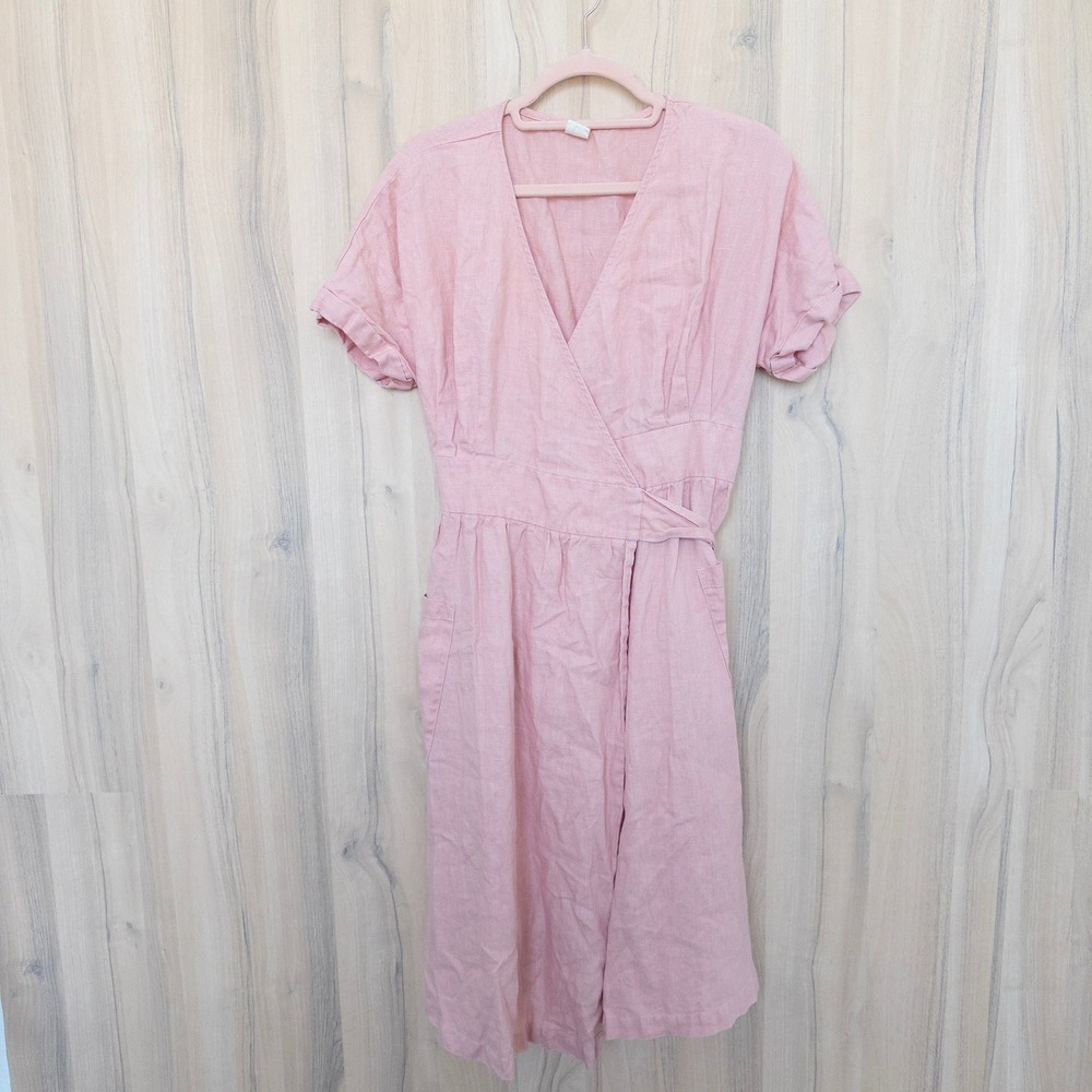 LINTICO Womens Linen Wrap Midi Dress S Pink Short Sleeve Midi Lagenlook Pastel